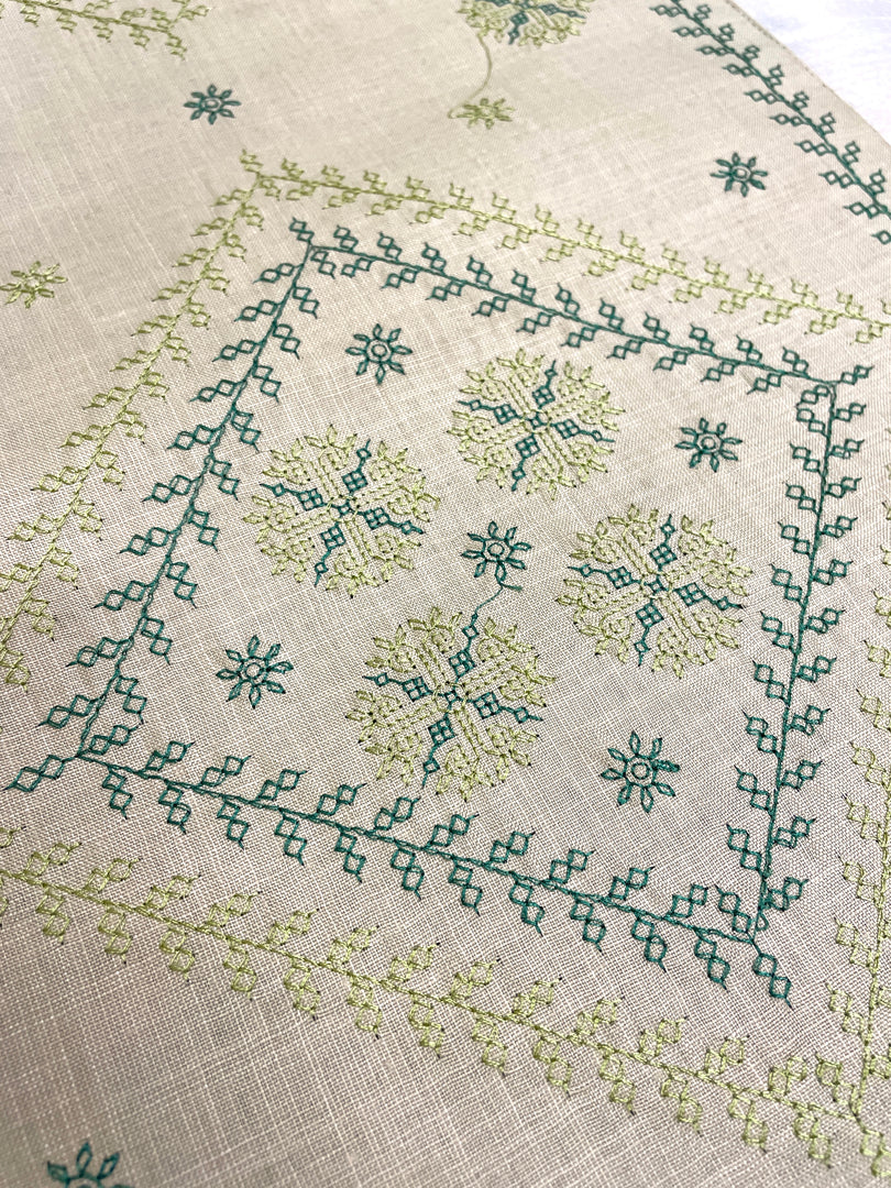 Embroidery close-up of hampi garike kasuti handwoven table set