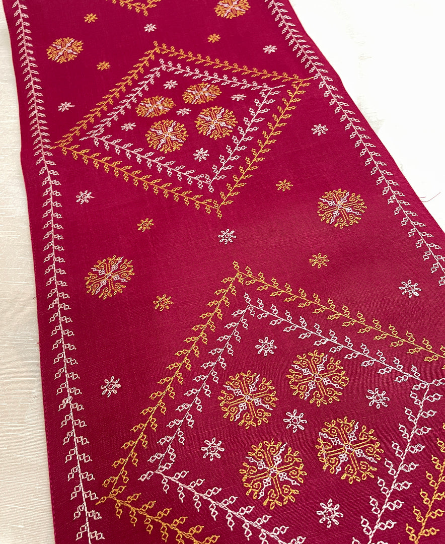 Embroidery detail on badige moggu kasuti handwoven cotton table set
