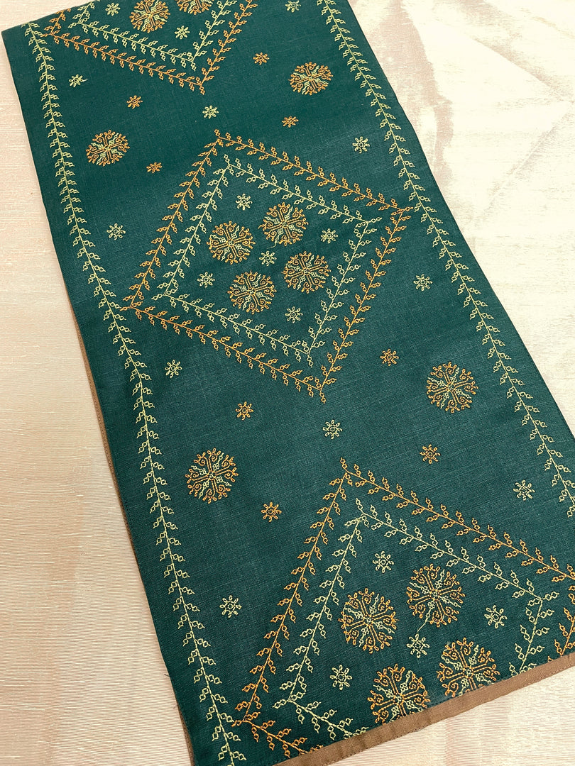 Embroidery close-up on kothambri moggu kasuti table set
