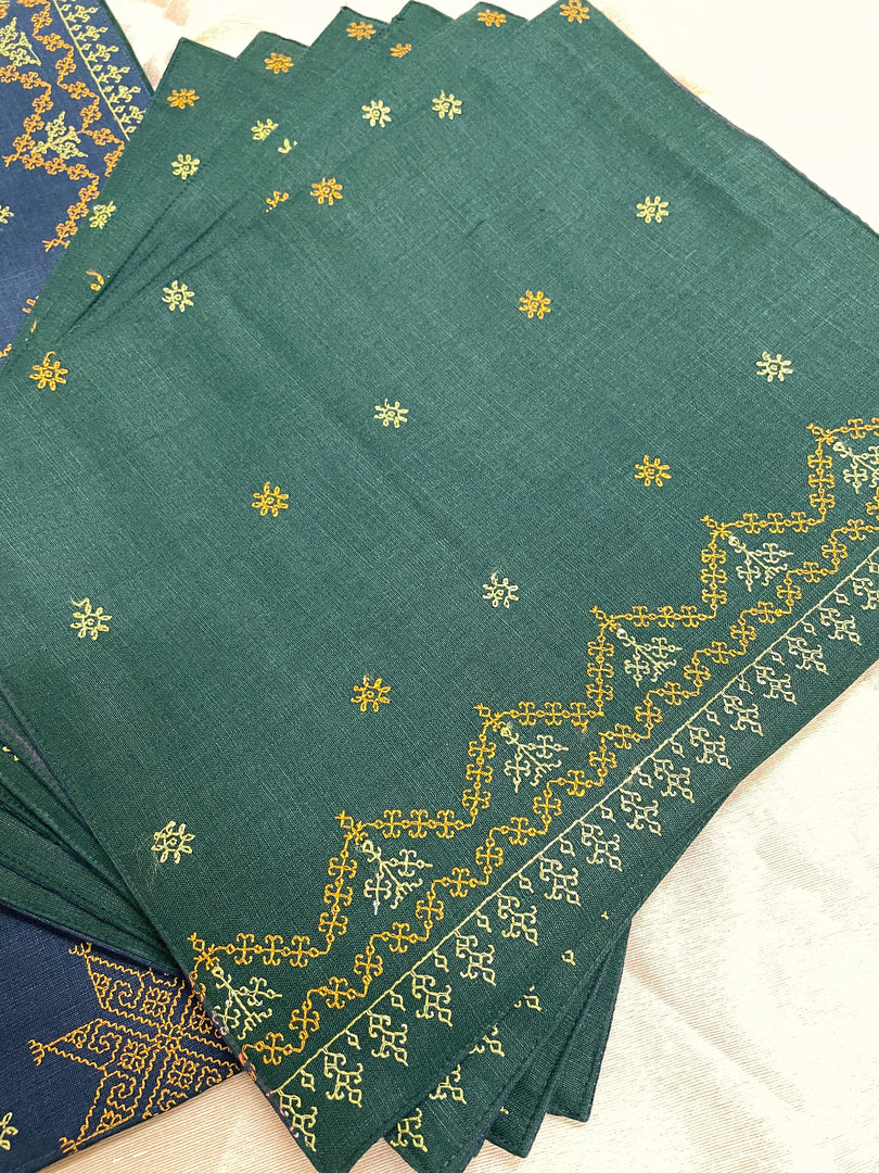 Close-up of malnadu garike kasuti table set embroidery detail