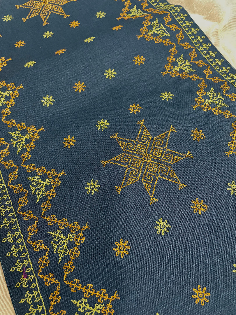 Embroidered motifs detail on malnadu garike kasuti table set