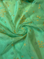 Load image into Gallery viewer, green flowers in the wind kasuti saree with floral embroidery close-up
