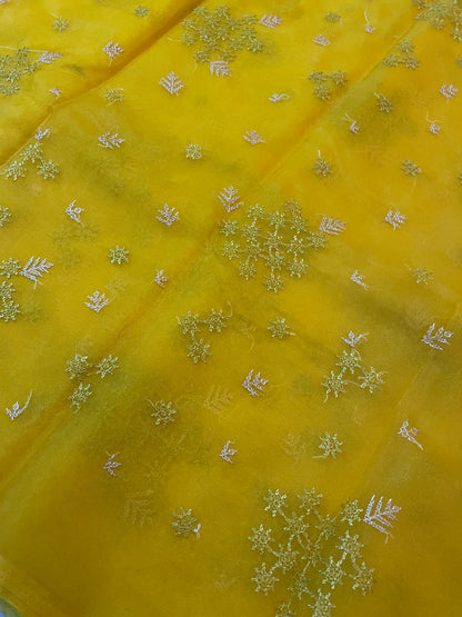 Yellow Flowers in the Wind Kasuti Organza Saree