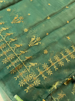 Load image into Gallery viewer, green mayur organza kasuti saree showing embroidery on sheer drape
