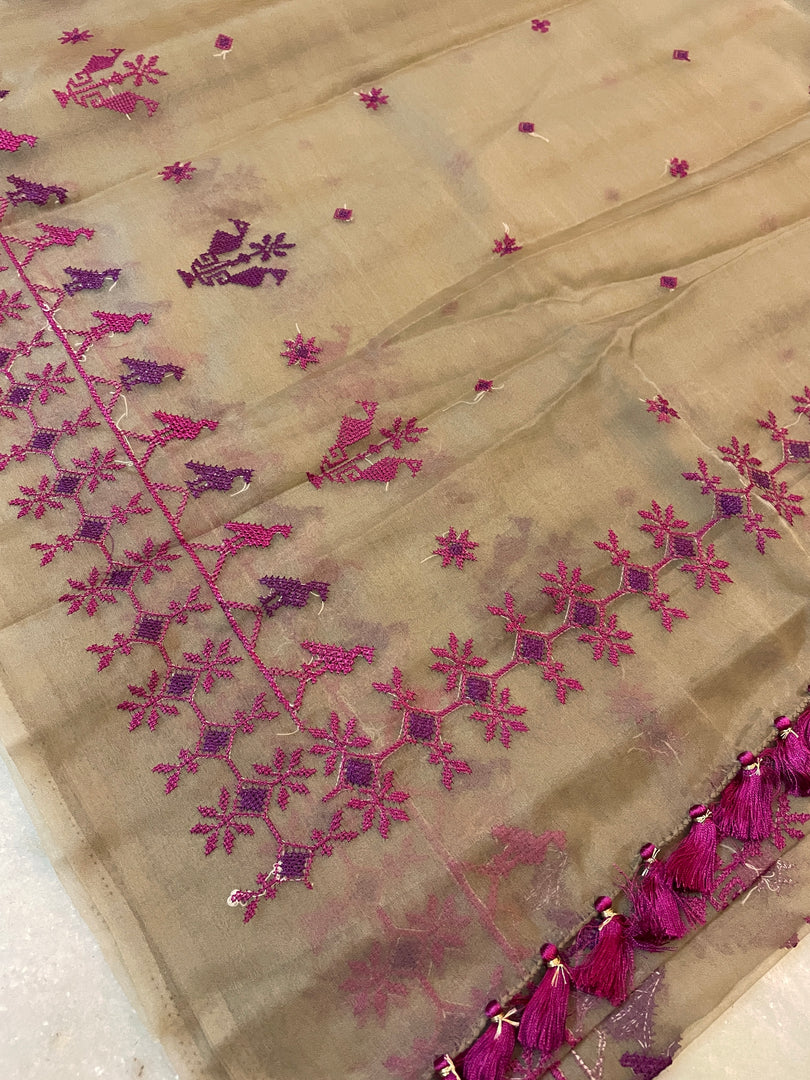 brown mayur organza kasuti saree with embroidery across sheer fabric