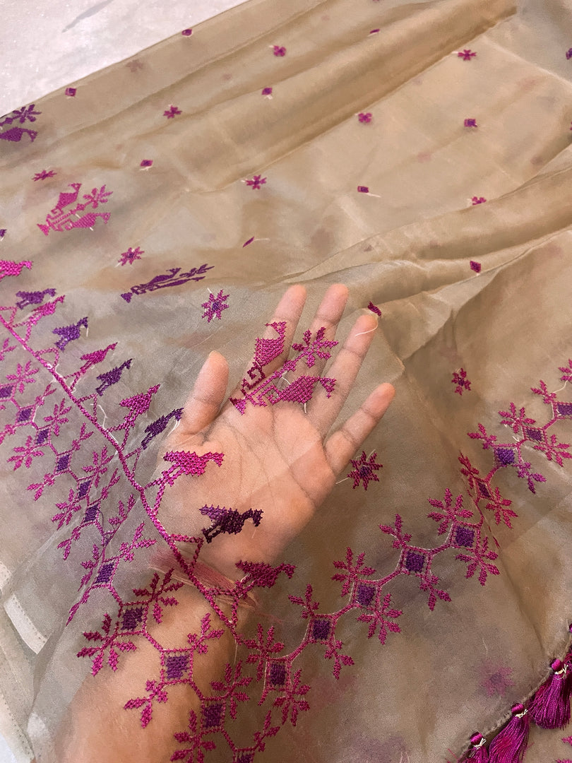 brown mayur organza kasuti saree highlighting woven embroidery work