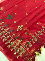 Load image into Gallery viewer, red mayur organza kasuti saree highlighting woven embroidery pattern
