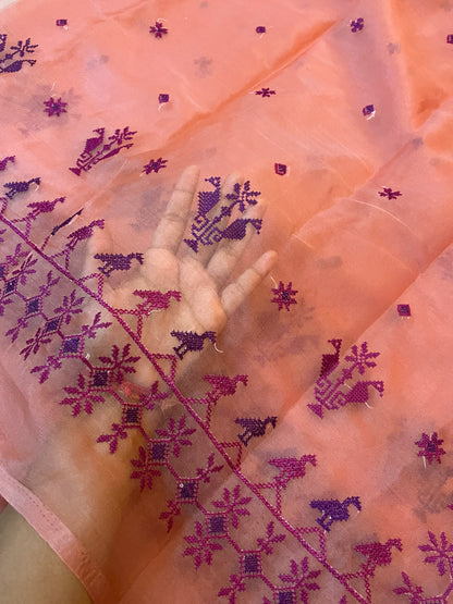 Peach Mayur Organza Kasuti Saree