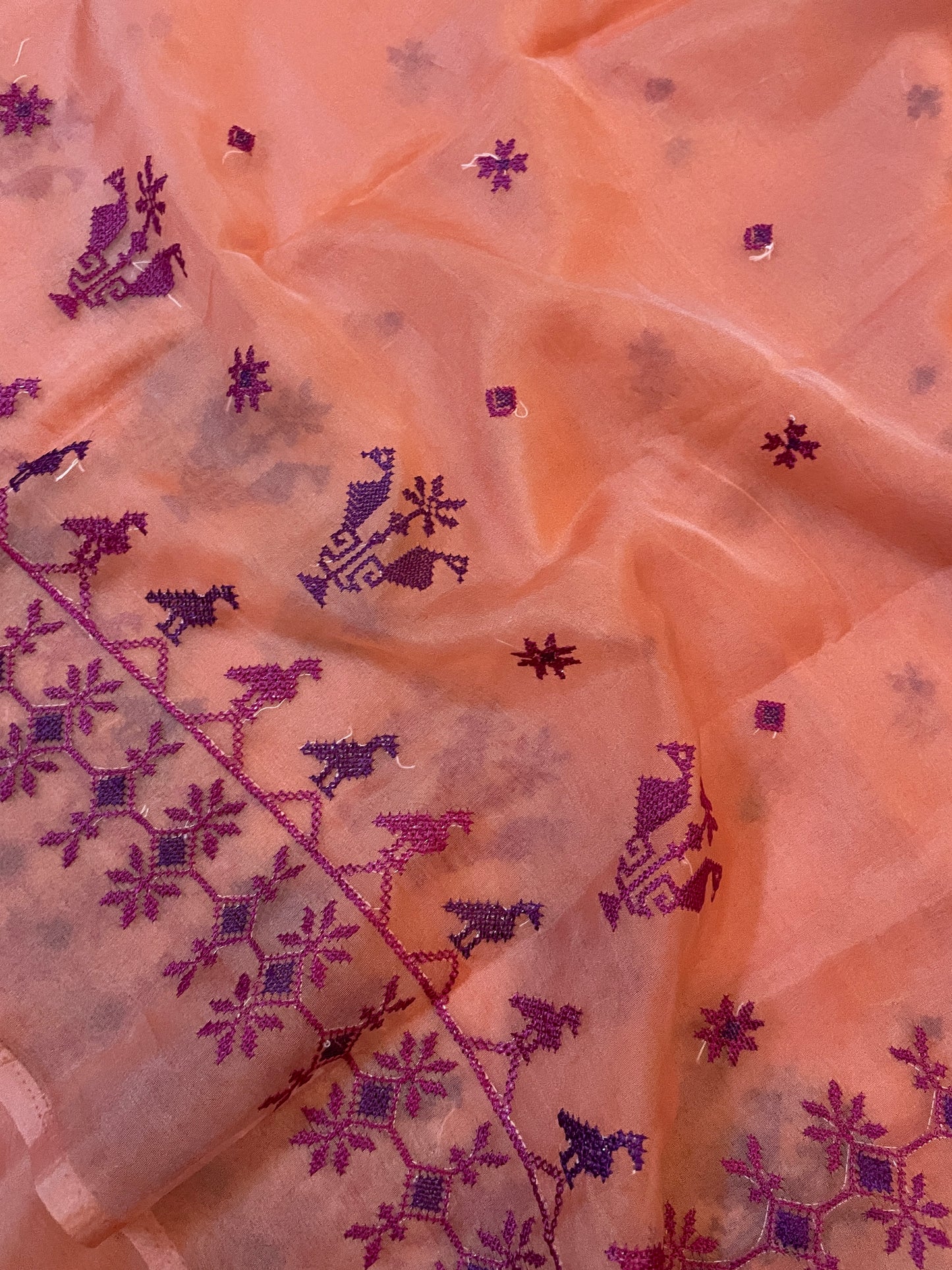 Peach Mayur Organza Kasuti Saree