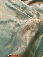 Load image into Gallery viewer, jade flora organza saree with green fabric and floral embroidery detail
