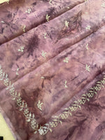 Load image into Gallery viewer, milkyway tie-dye periwinkle organza saree showing embroidery details
