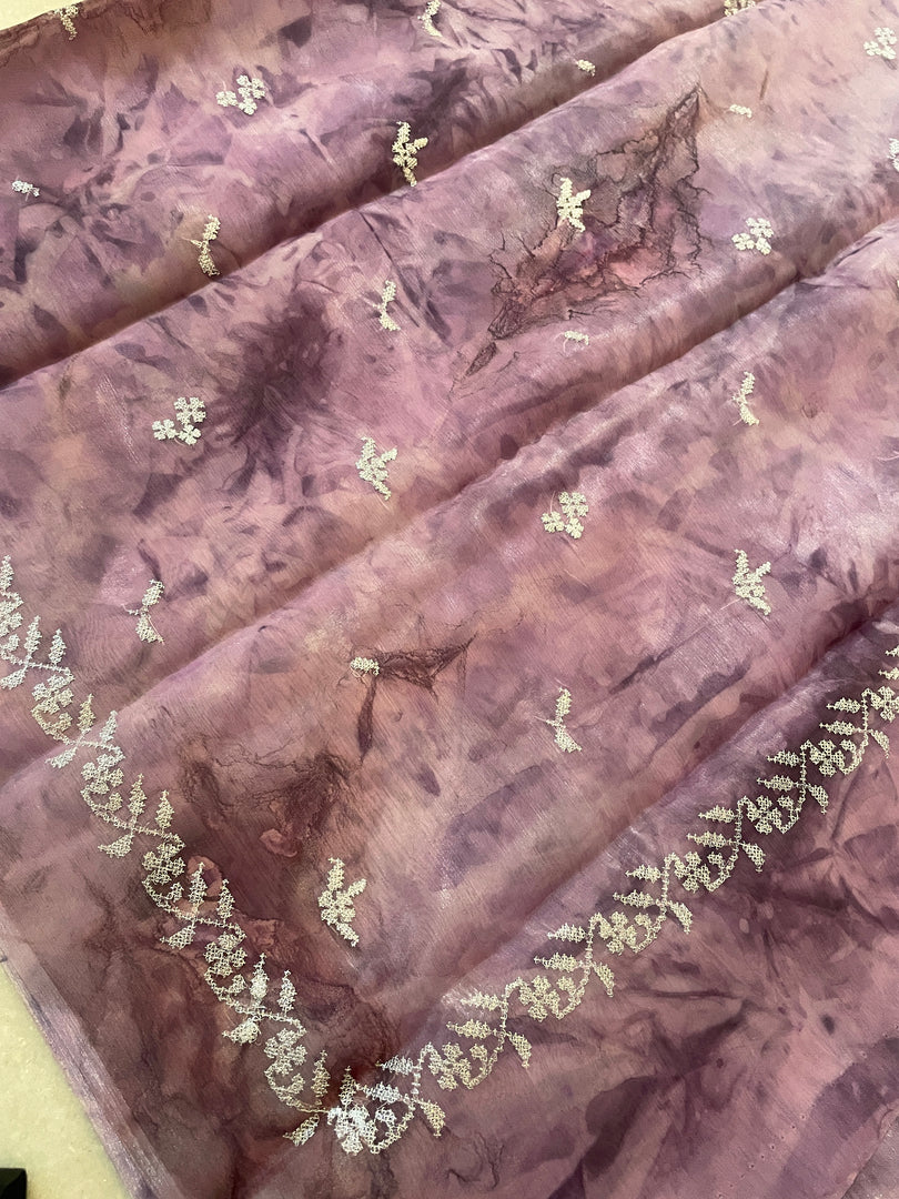 milkyway tie-dye periwinkle organza saree showing embroidery details