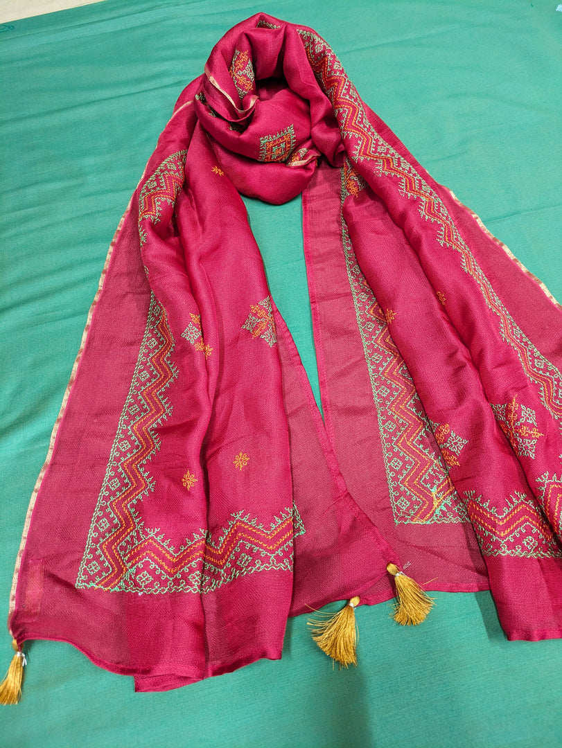 Kumkum red classic stole with delicate embroidered border view