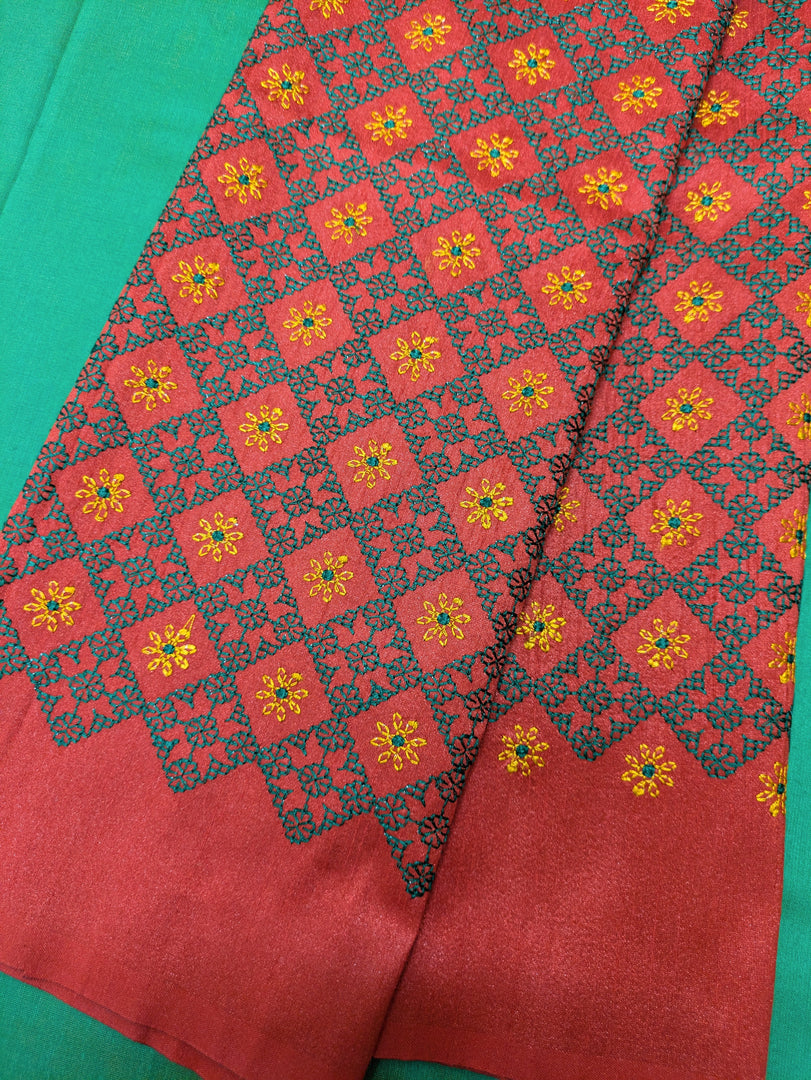 Kumkum red kasuti blouse sleeve embroidery close-up