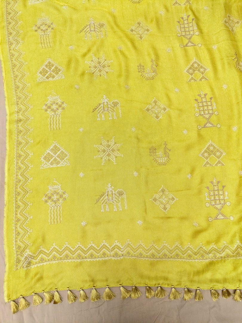 Mustard yellow classic kasuti saree with embroidered motifs and border detail