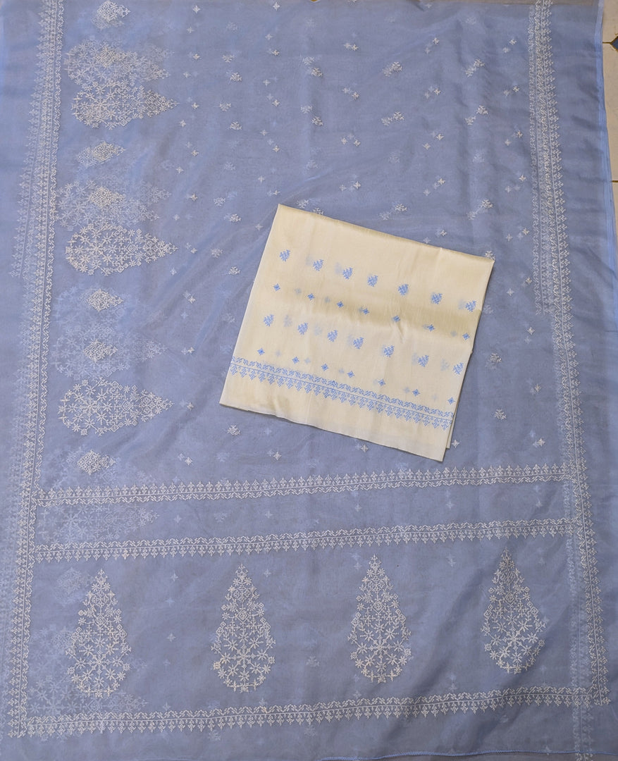 Cornflower blue petal organza kasuti saree displayed with full drape