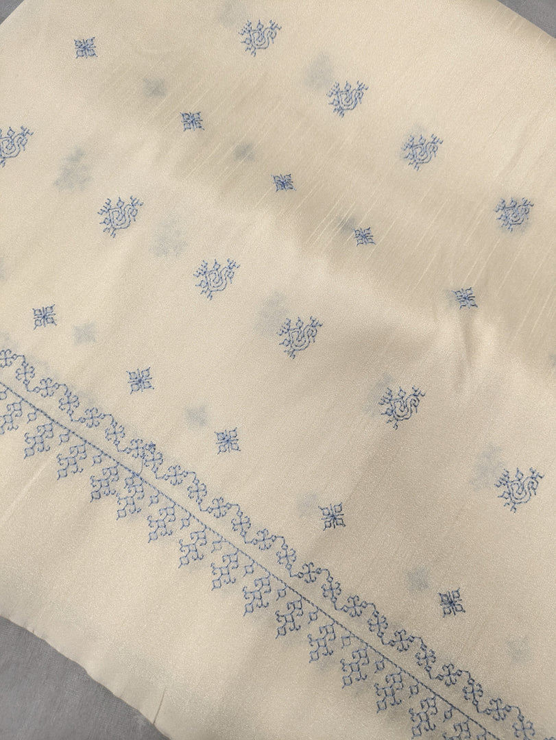 Cornflower blue organza kasuti saree with border embroidery detail view
