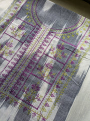 Grey kasuti kurti showing sleeve embroidery pattern