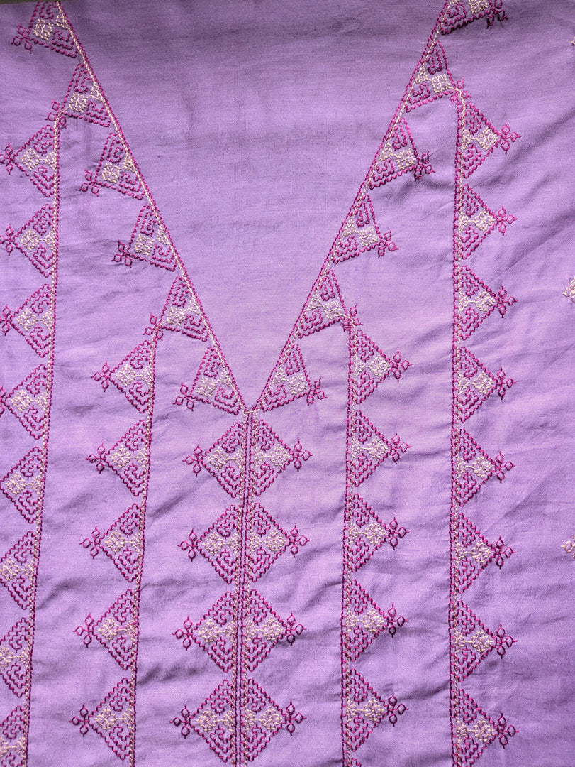 Lavender kasuti kurti with close embroidery view on neckline