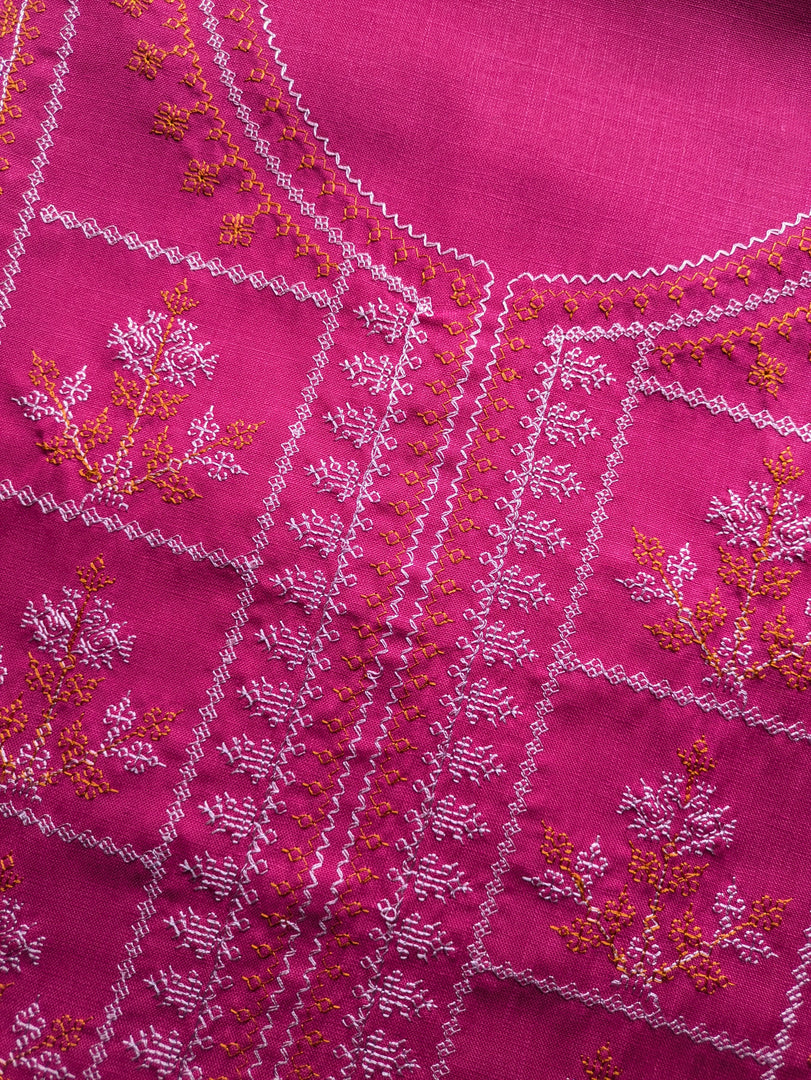 Magenta kasuti kurti with close embroidery on yoke