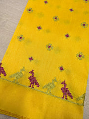 Yellow mayur blouse with embroidered peacock motif front