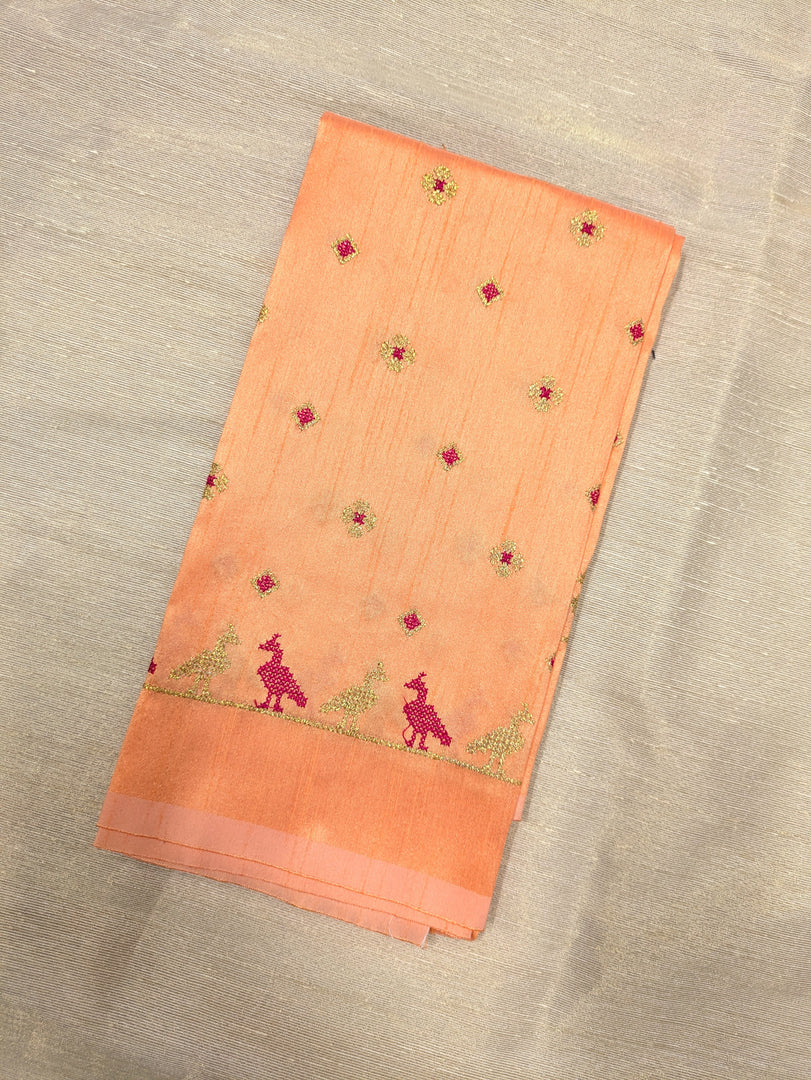 Peach mayur blouse showing sleeve embroidery detail
