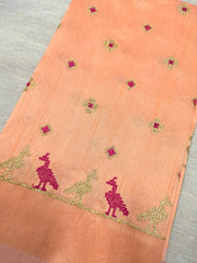 Peach mayur blouse with embroidered peacock motif front