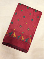 Load image into Gallery viewer, Maroon mayur blouse embroidery close-up on fabric
