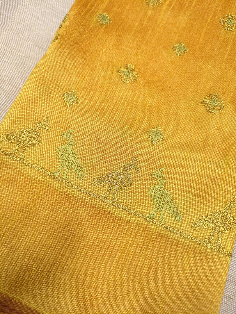 Yellow gold mayur blouse with peacock embroidery front