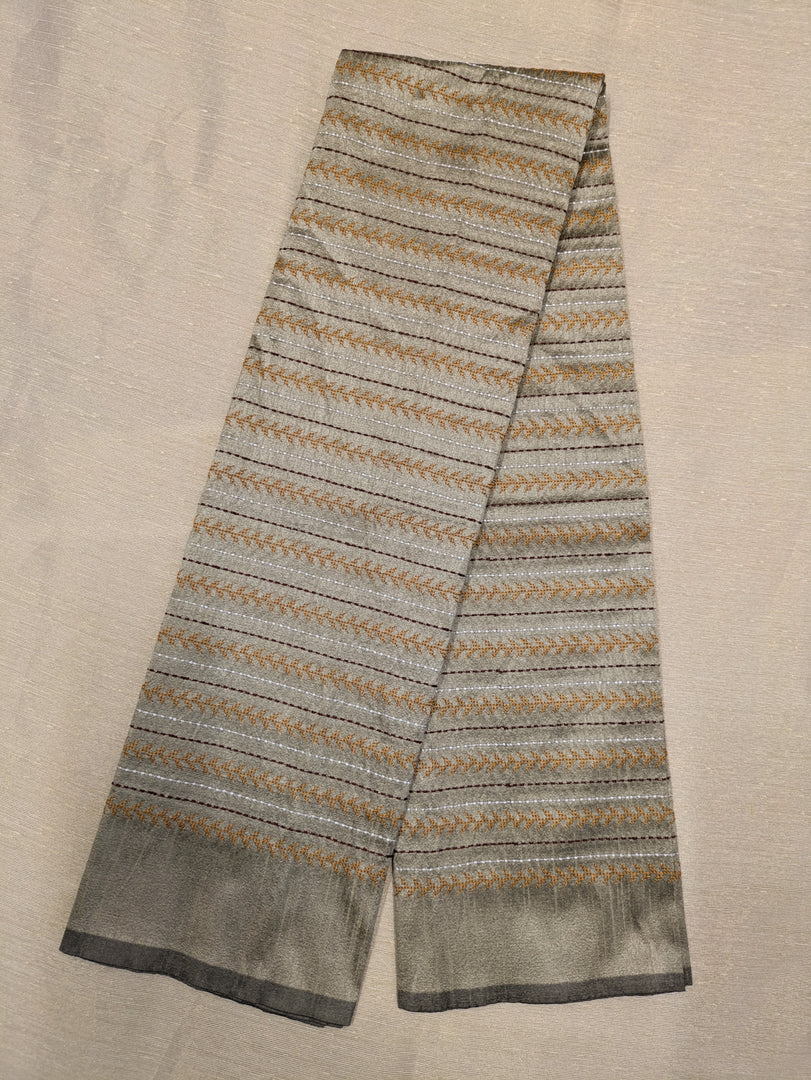 Grey kasuti blouse showing sleeve embroidery detail