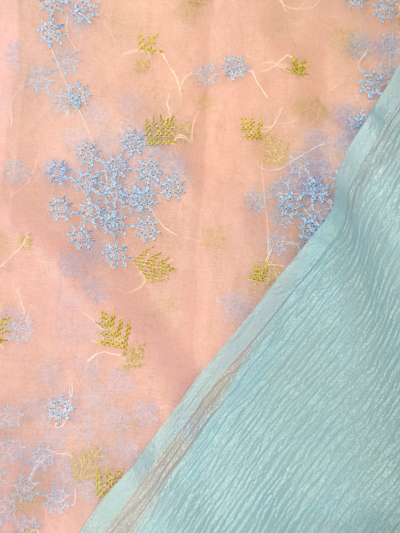 Sky blue kanakambara saree combo with designer kasuti embroidered blouse