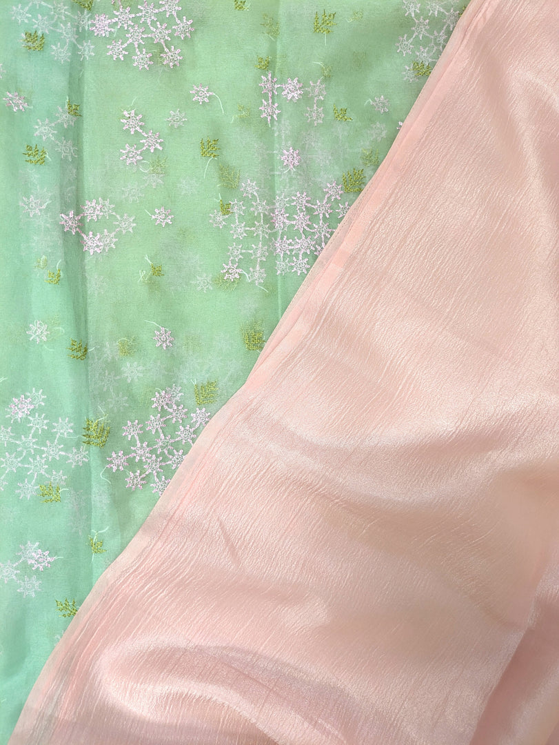 Baby pink kanakambara saree combo with designer kasuti embroidered blouse