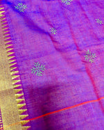 Load image into Gallery viewer, Close-up of magenta hakki kasuti cotton saree with embroidered bird design

