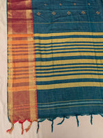 Load image into Gallery viewer, Folded section of green hasiru cotton saree showing hakki kasuti motifs
