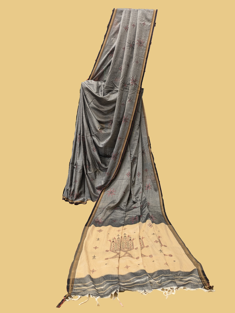 Chutney green mayur cotton saree with handwoven bird motif embroidery