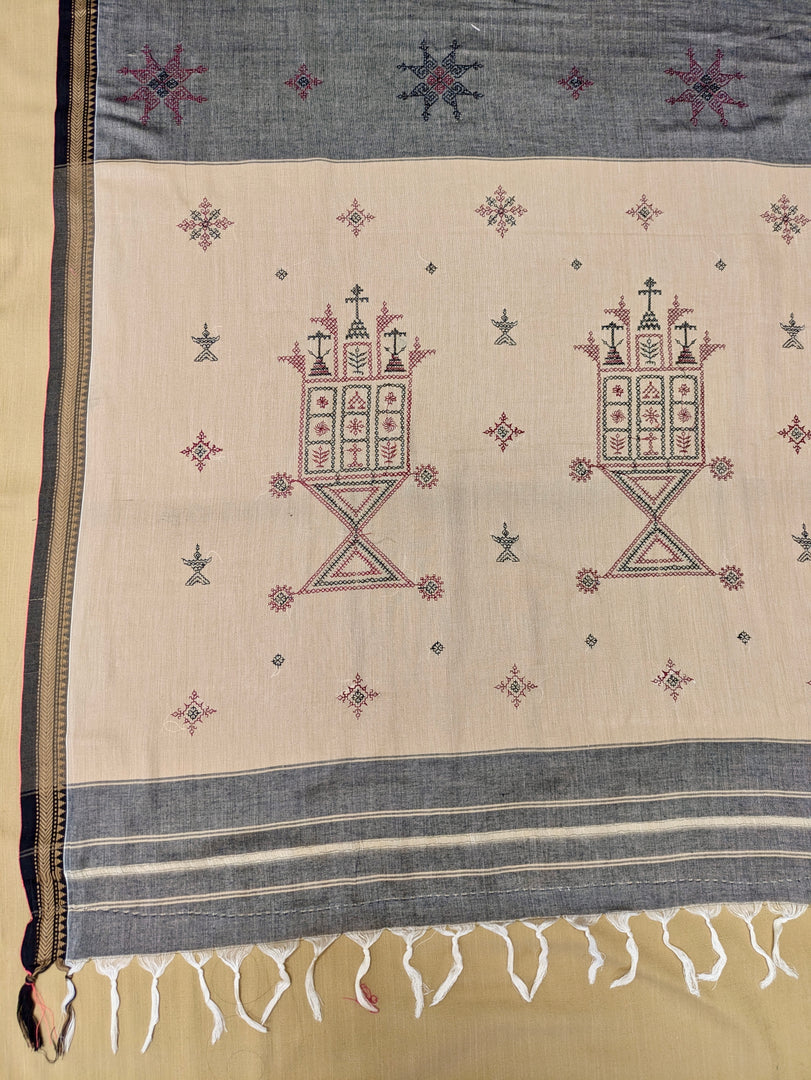 Pallu view of chutney green mayur handwoven cotton saree design