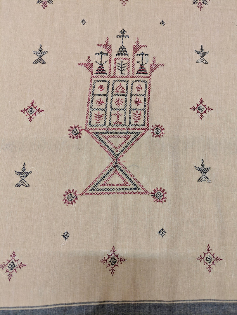 Handwoven chutney green cotton saree with mayur bird motif details