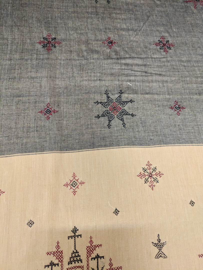 Detailed embroidery on chutney green mayur handwoven cotton saree