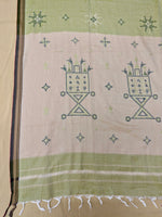 Load image into Gallery viewer, Drape view of pickle green kasuti ter handwoven cotton saree fabric
