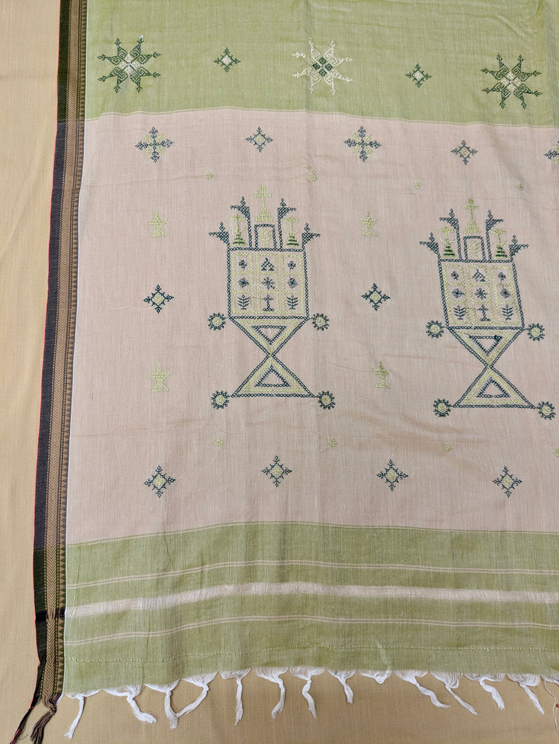 Drape view of pickle green kasuti ter handwoven cotton saree fabric