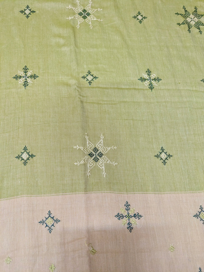 Pickle green handwoven cotton saree featuring kasuti ter embroidery