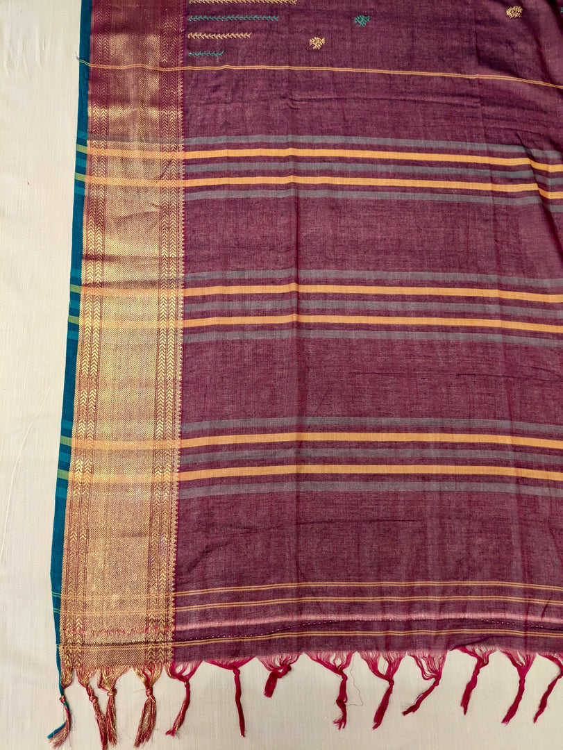 Embroidery detail on kumkuma red cotton saree with hakki kasuti birdwork