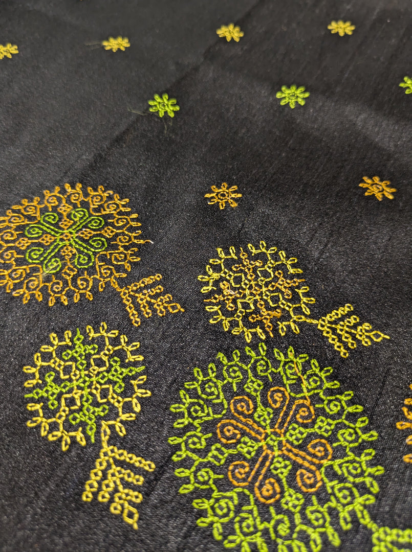 Pallu view of mustard manjari saree paired with kasuti blouse