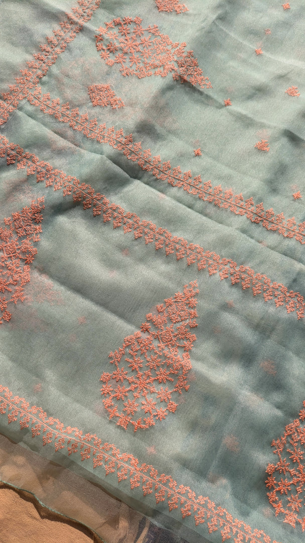 pista organza kasuti saree with floral embroidery and sheer pallu detail