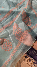 Load image into Gallery viewer, pista petal organza kasuti saree fabric close-up
