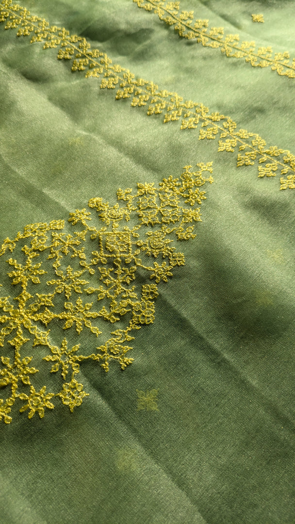 parrot green organza kasuti saree with fine floral kasuti embroidery