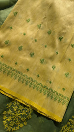 Load image into Gallery viewer, parrot green organza kasuti saree highlighting embroidered body fabric
