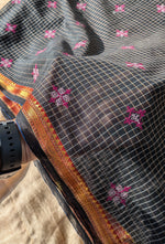 Load image into Gallery viewer, handwoven cotton saree in black malini kasuti design flat-lay
