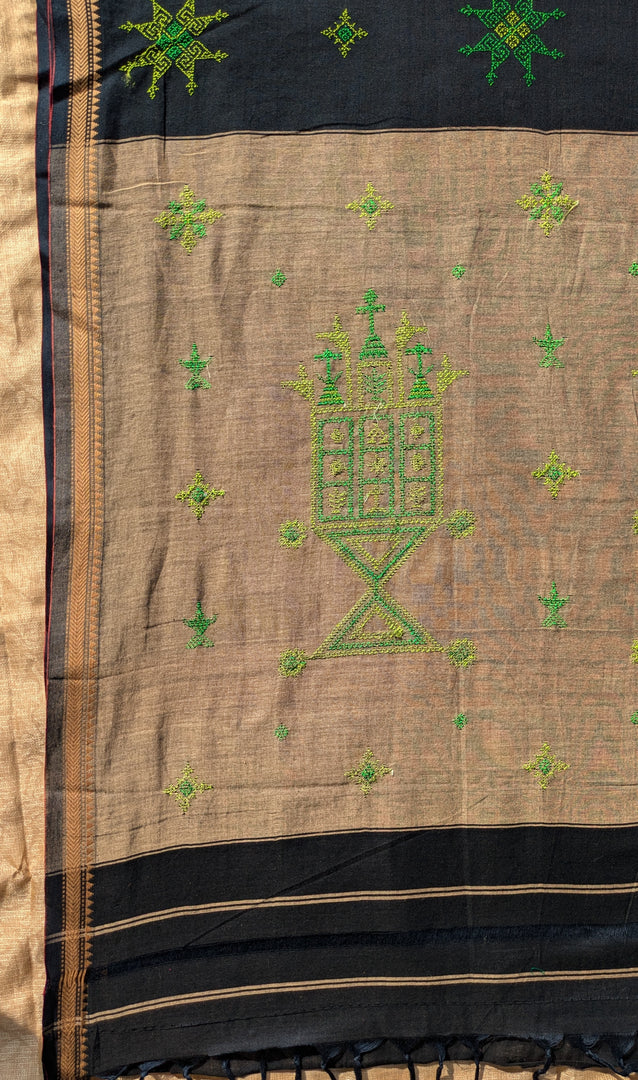 black kasuti ter handwoven cotton saree with embroidered motifs