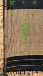 Load image into Gallery viewer, kasuti ter handwoven cotton saree in black shade fabric close-up
